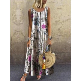 Vintage Sleeveless Floral Print Button O-neck Maxi Dress